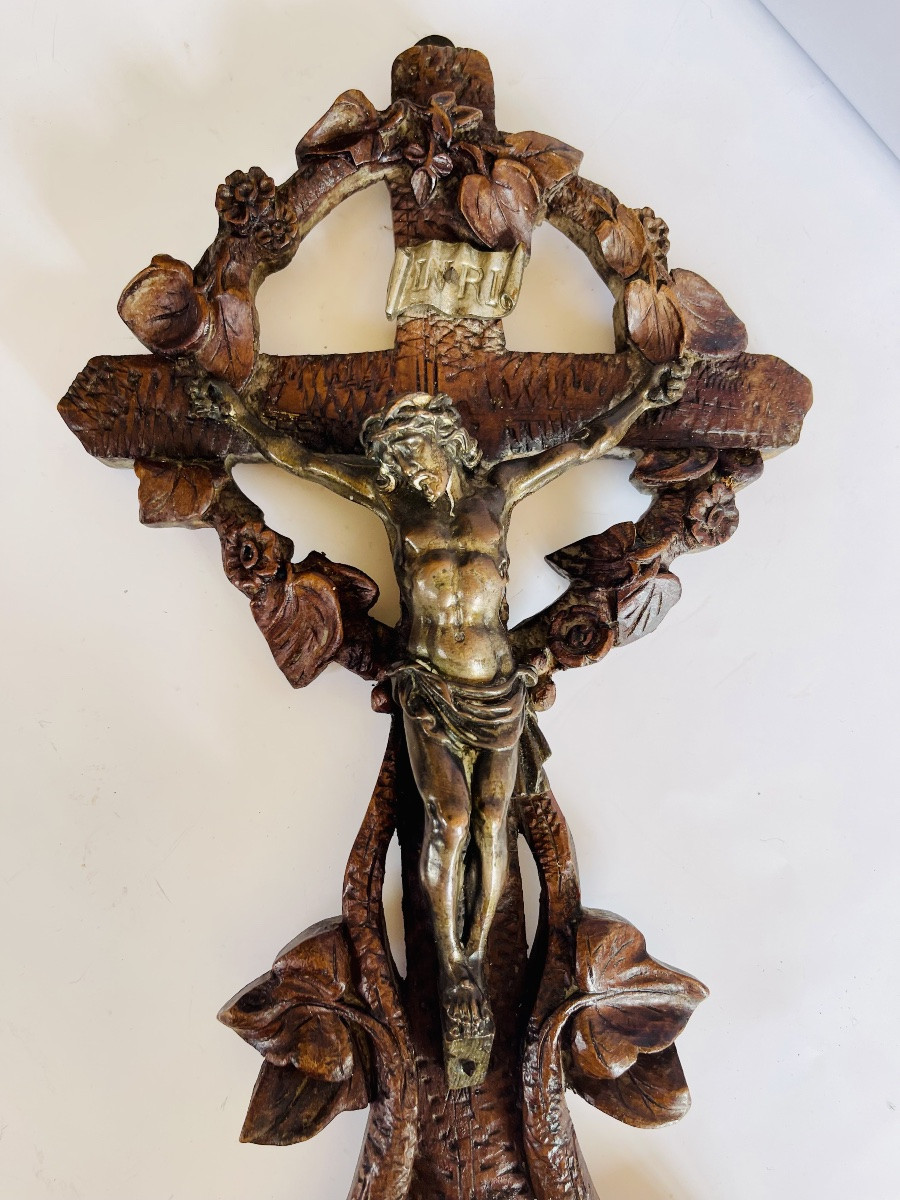 Crucifix Bénitier En Bois Sculpté -photo-2
